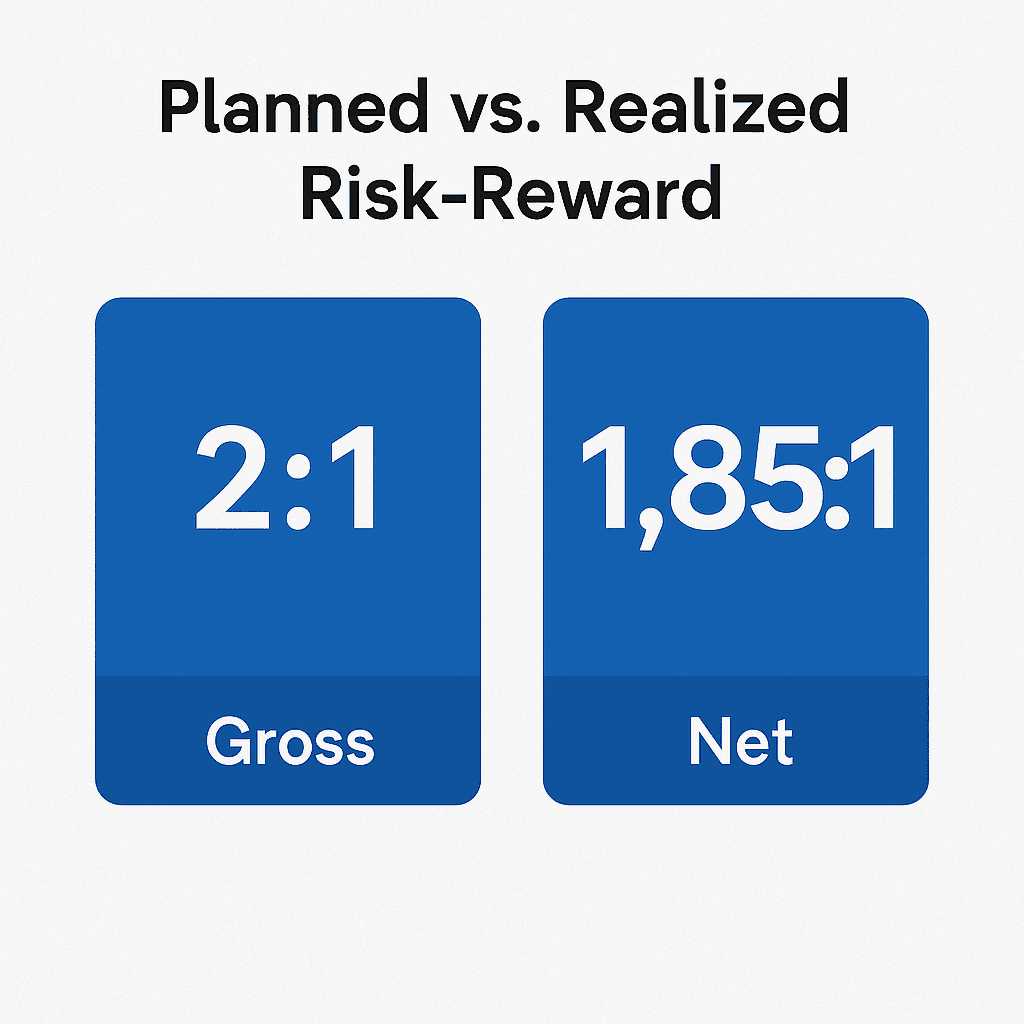 Infographic: Planned vs Realized Risk-Reward – 2:1 gross vs 1.85:1 net